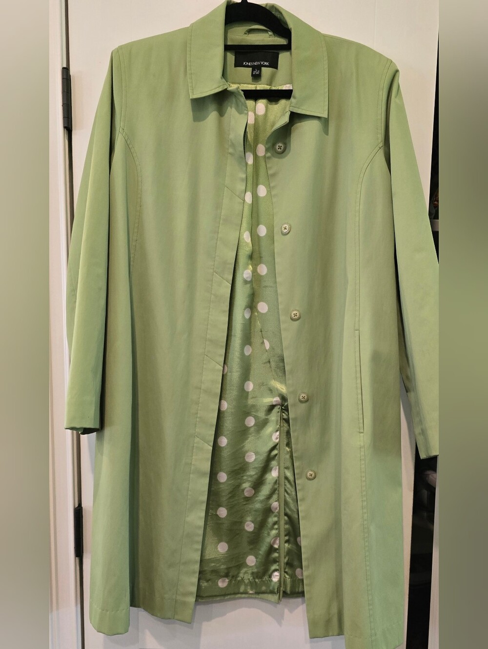 Jones New York Green Single-Breasted Trench Coat with Polka Dot Lining W Size L